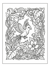 Phoenix Chick Flies Through Forest Flowers