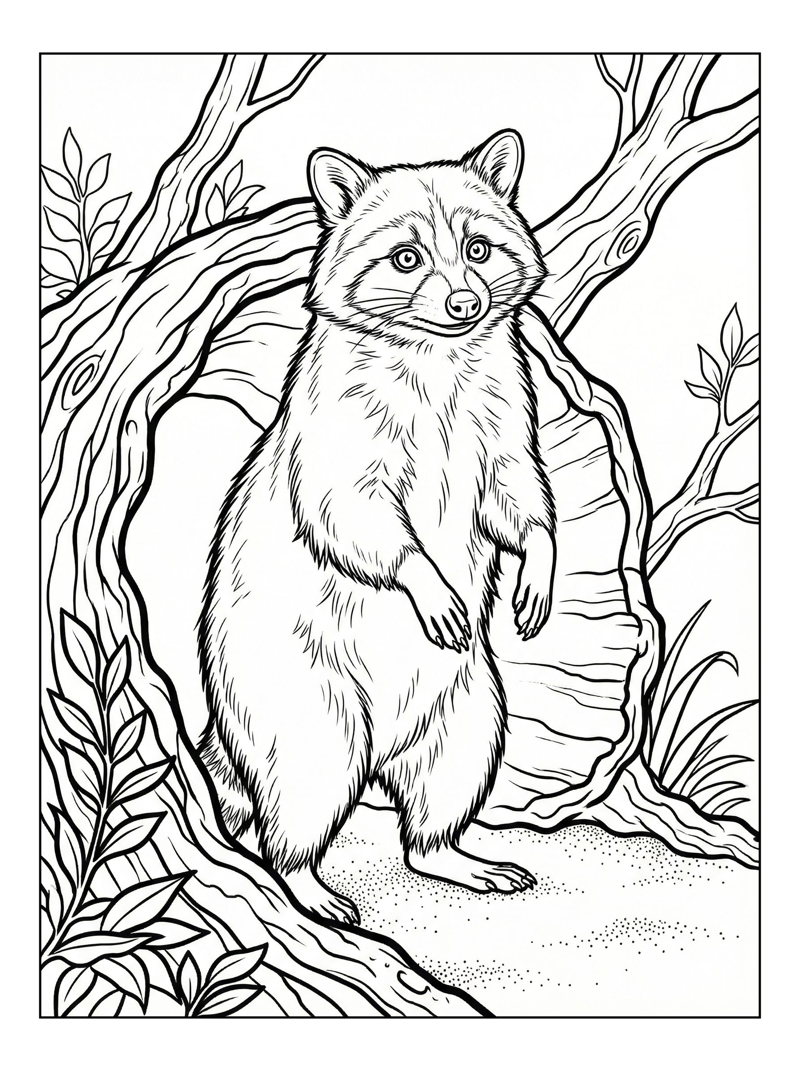 Racoon Standing By Hollow Log
