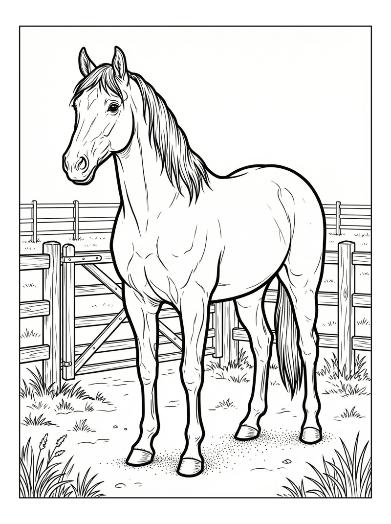 Horse Standing By Paddock Fence
