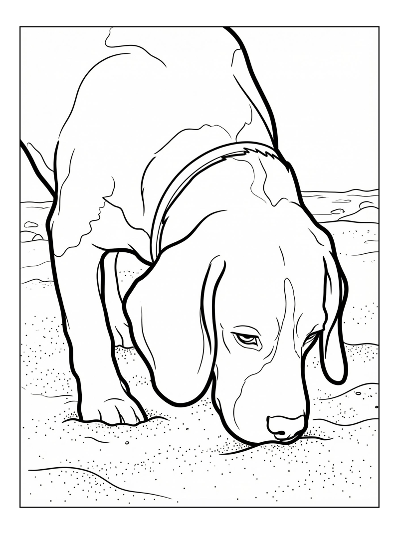 Beagle Dog Sniffing On Sandy Beach