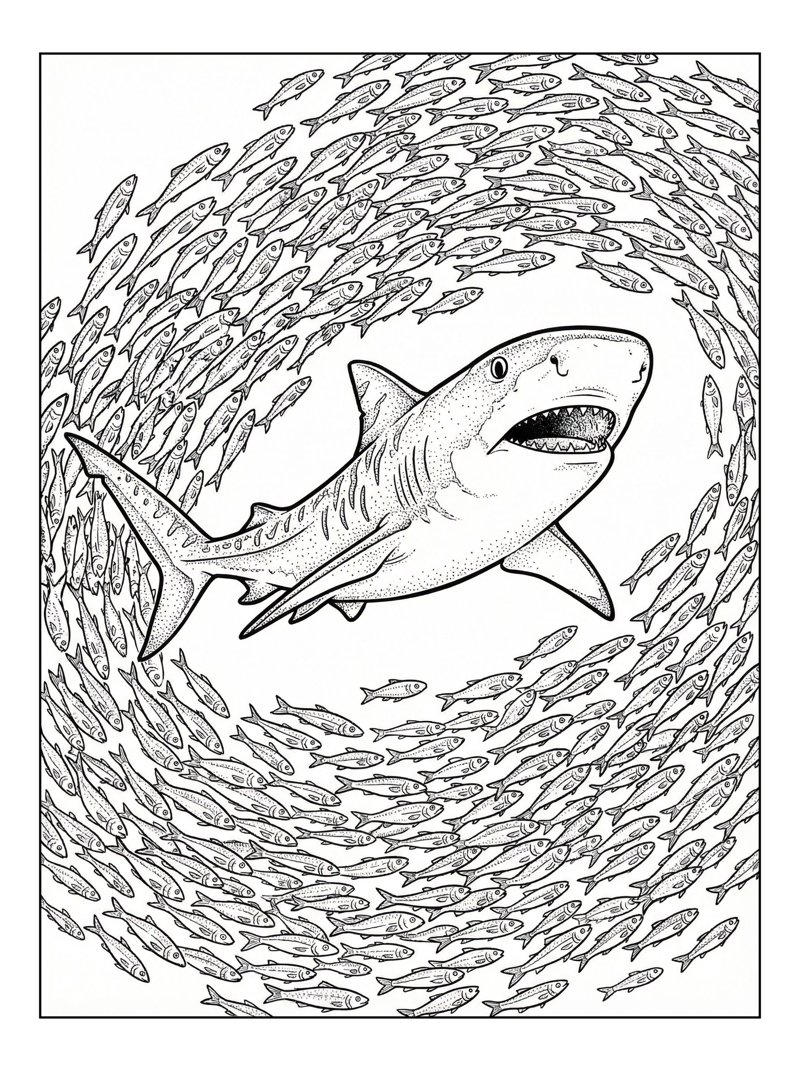 Tiger Shark Swims With Fish School