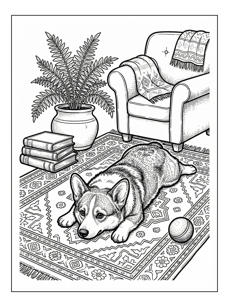 Corgi Dog Splooting On Patterned Rug