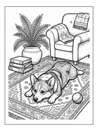 Corgi Dog Splooting On Patterned Rug
