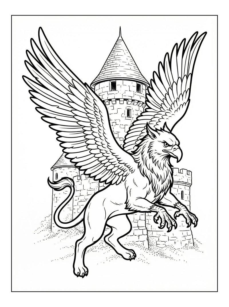 Griffin Flying Guarding Castle Turret