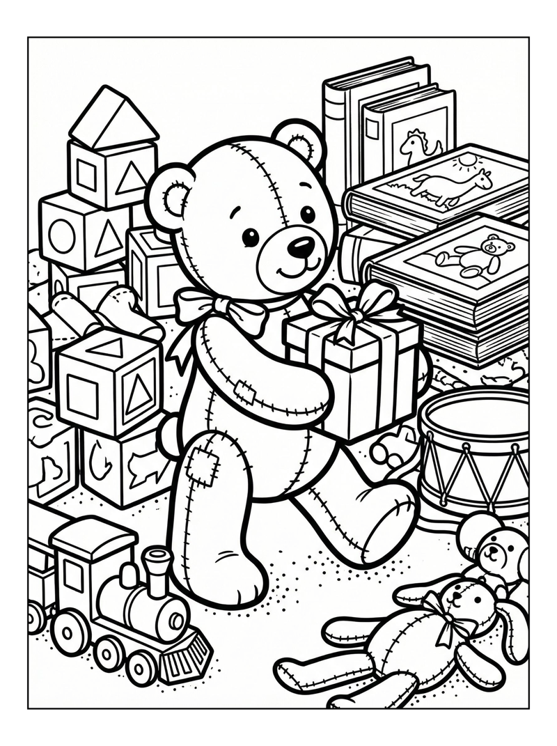Coloring page of Stitched Teddy Bear Carrying Gift In Playroom