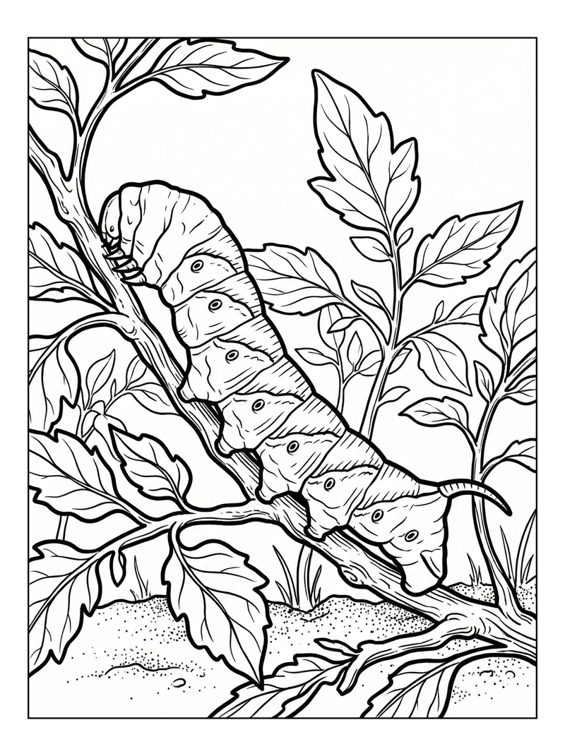 Tomato Hornworm Resting On Garden Branch