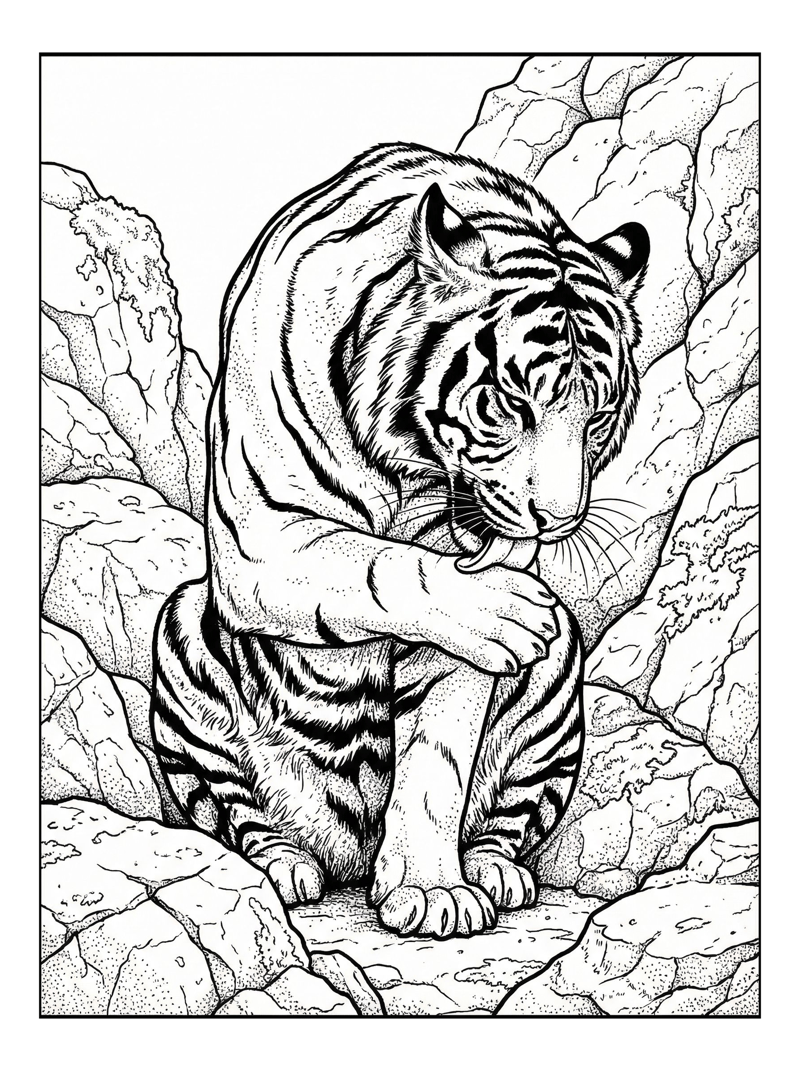 Sumatran Tiger Grooming Among Rocks