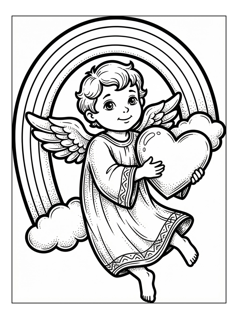 Cupid Floats Holding Heart Rainbow Clouds