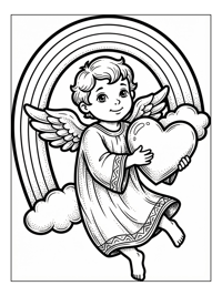 Cupid Floats Holding Heart Rainbow Clouds