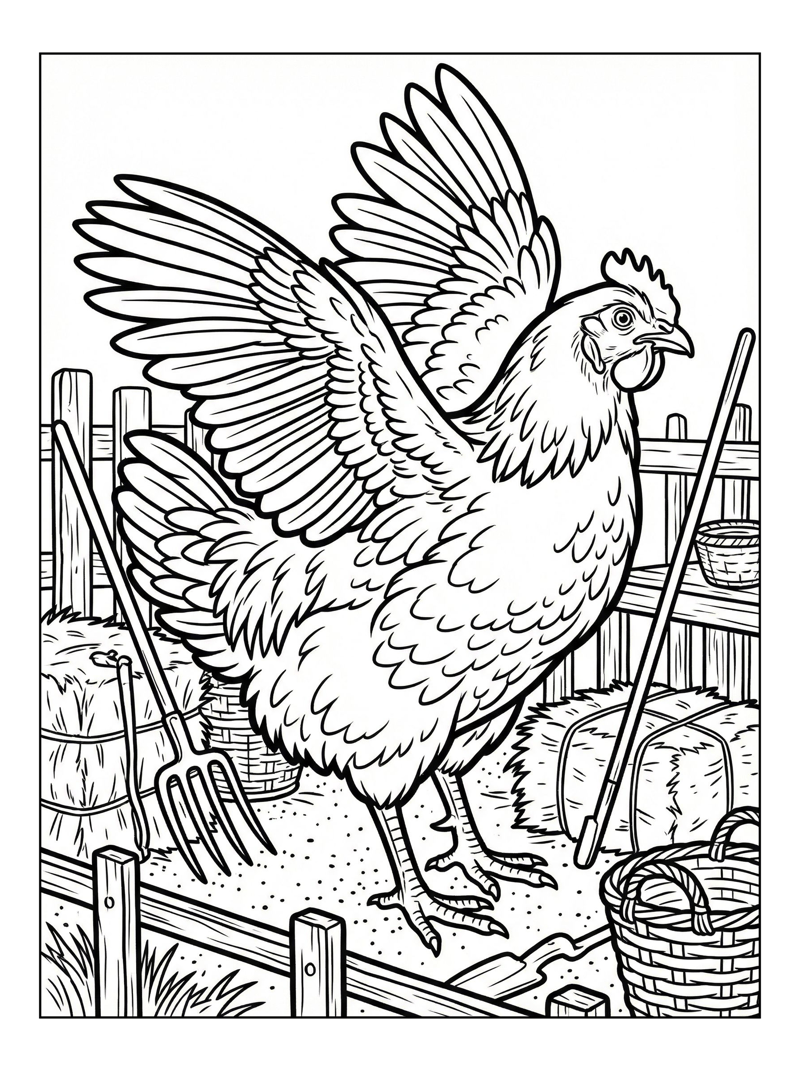 Farmyard Chicken Stretching Wings In Farmyard