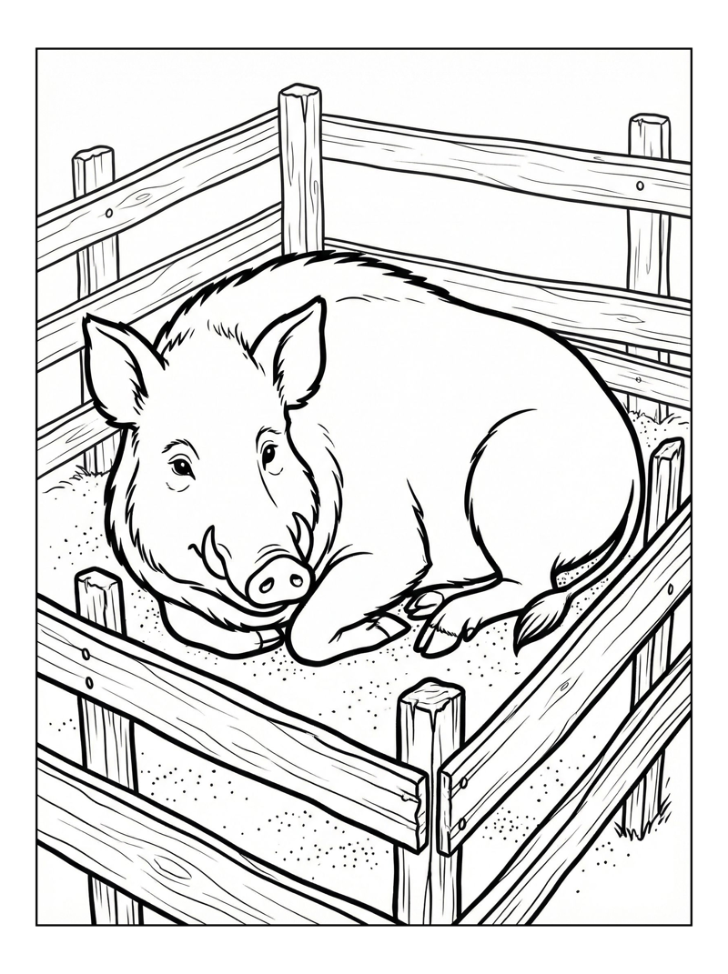 Wild Boar Resting In Wooden Pen