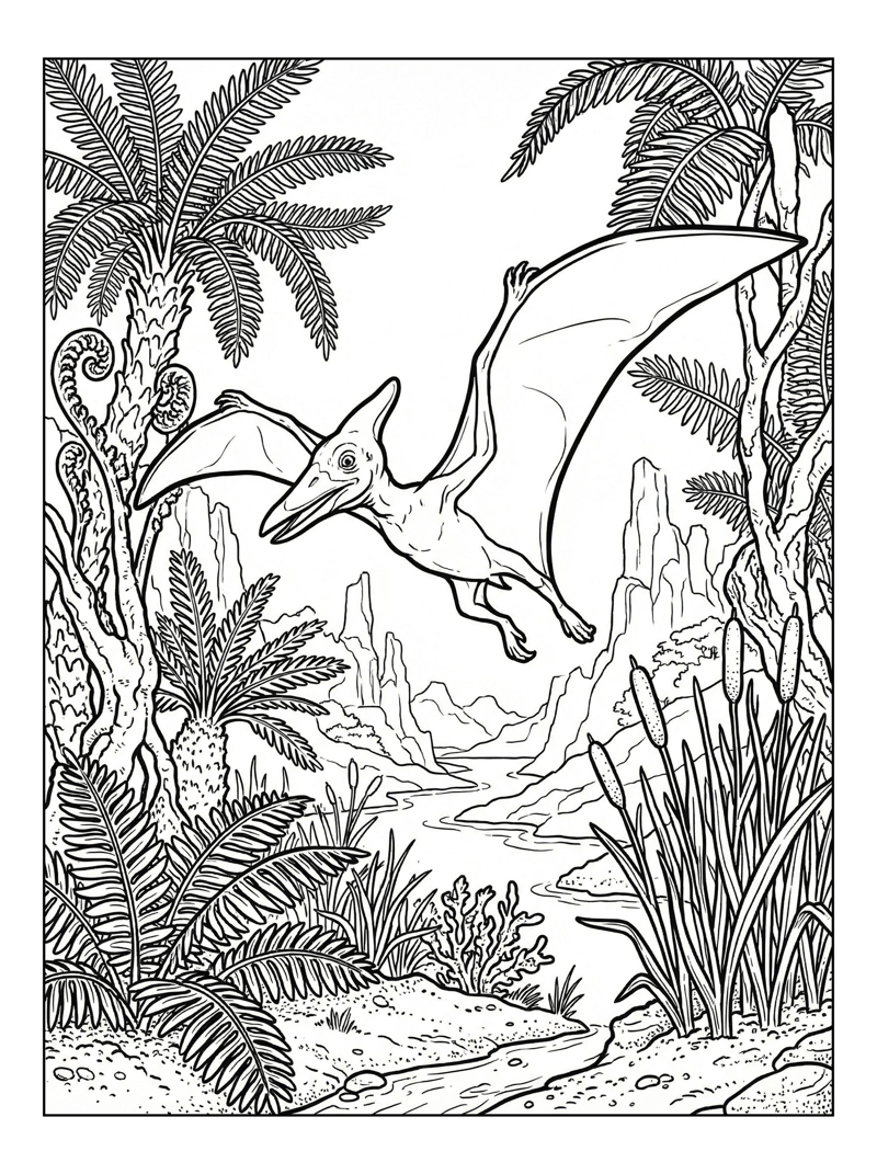Baby Pterodactyl Flying Over Riverbank