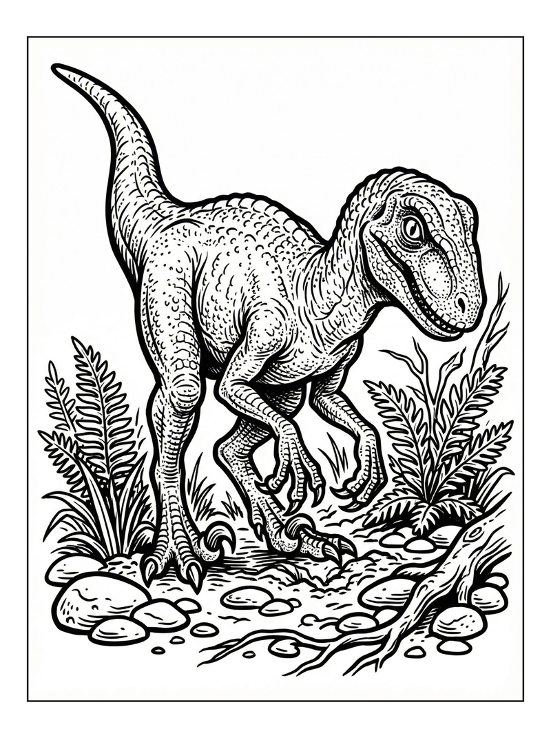 Young Raptor Dinosaur Forages Amongst Ferns