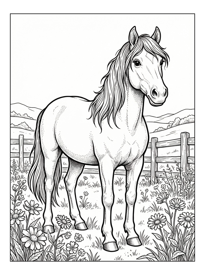 Horse Stands In Wildflower Field