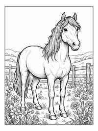 Horse Stands In Wildflower Field