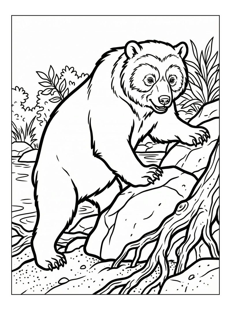 Spectacled Bear Climbing Riverbank
