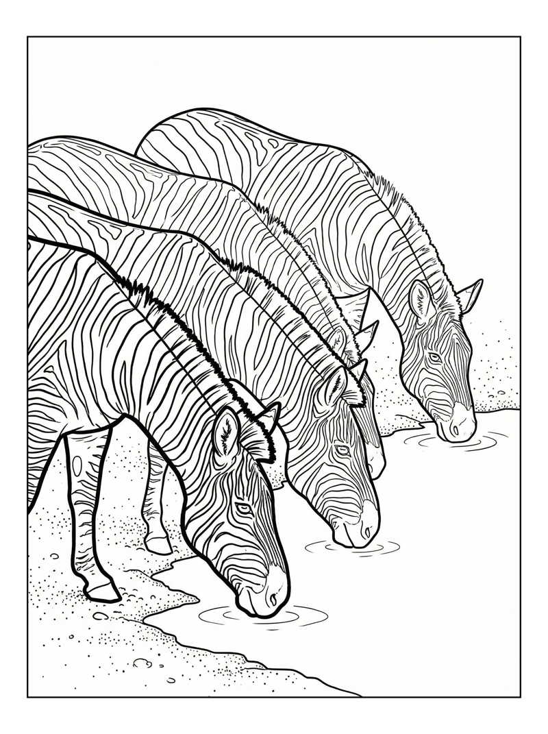 Zebra Herd Drinking From Waterhole