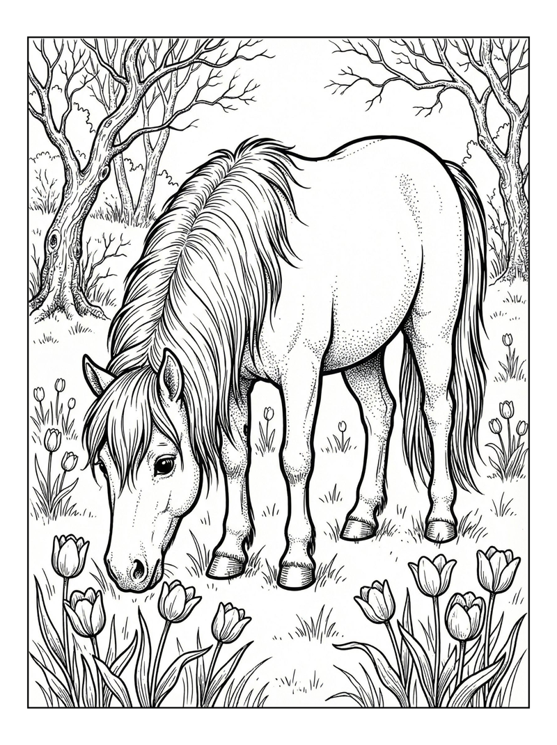 Pony Grazes In Field With Flowers