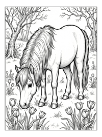 Pony Grazes In Field With Flowers
