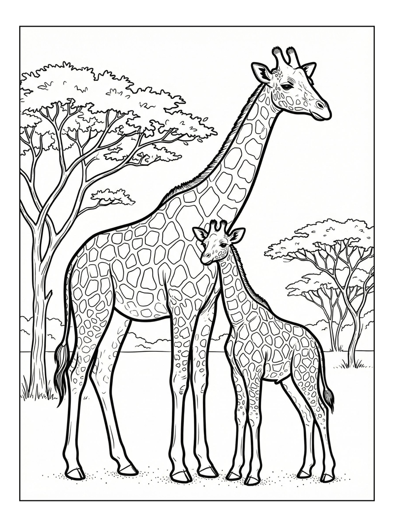 Giraffe Mother Calf Savanna Scene