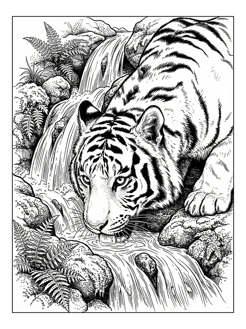 Siberian Tiger Drinking From Waterfall