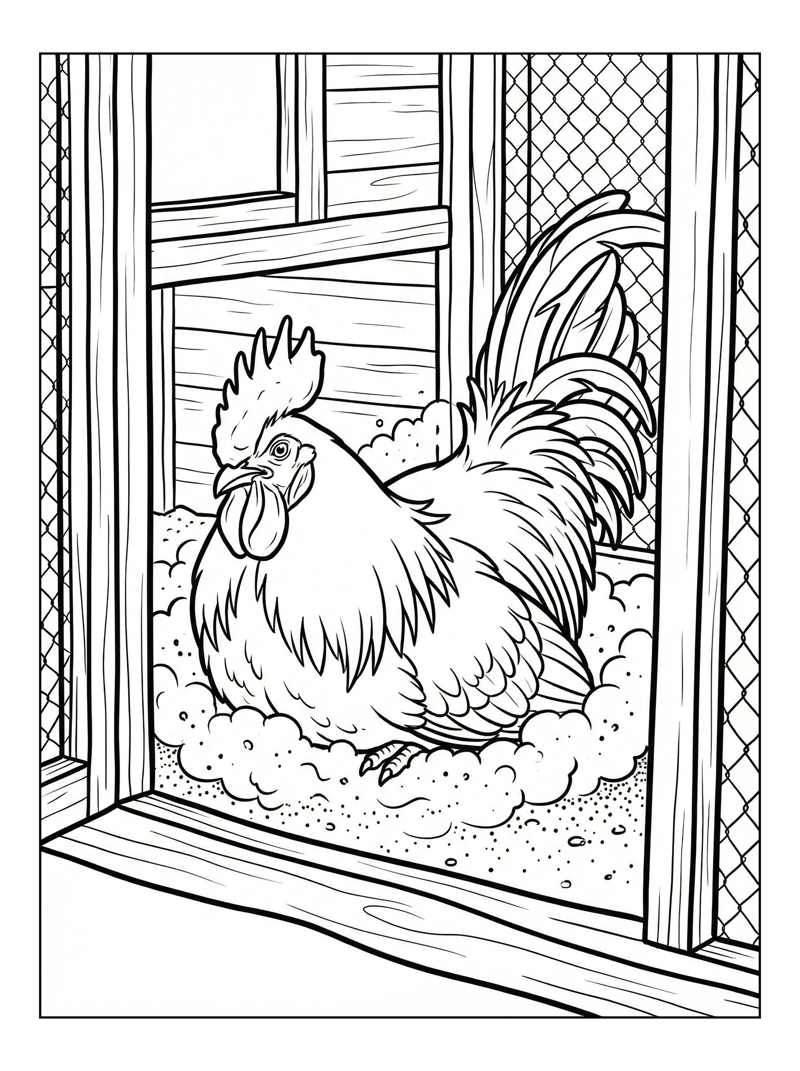 Rooster Dust Bathing In Chicken Coop