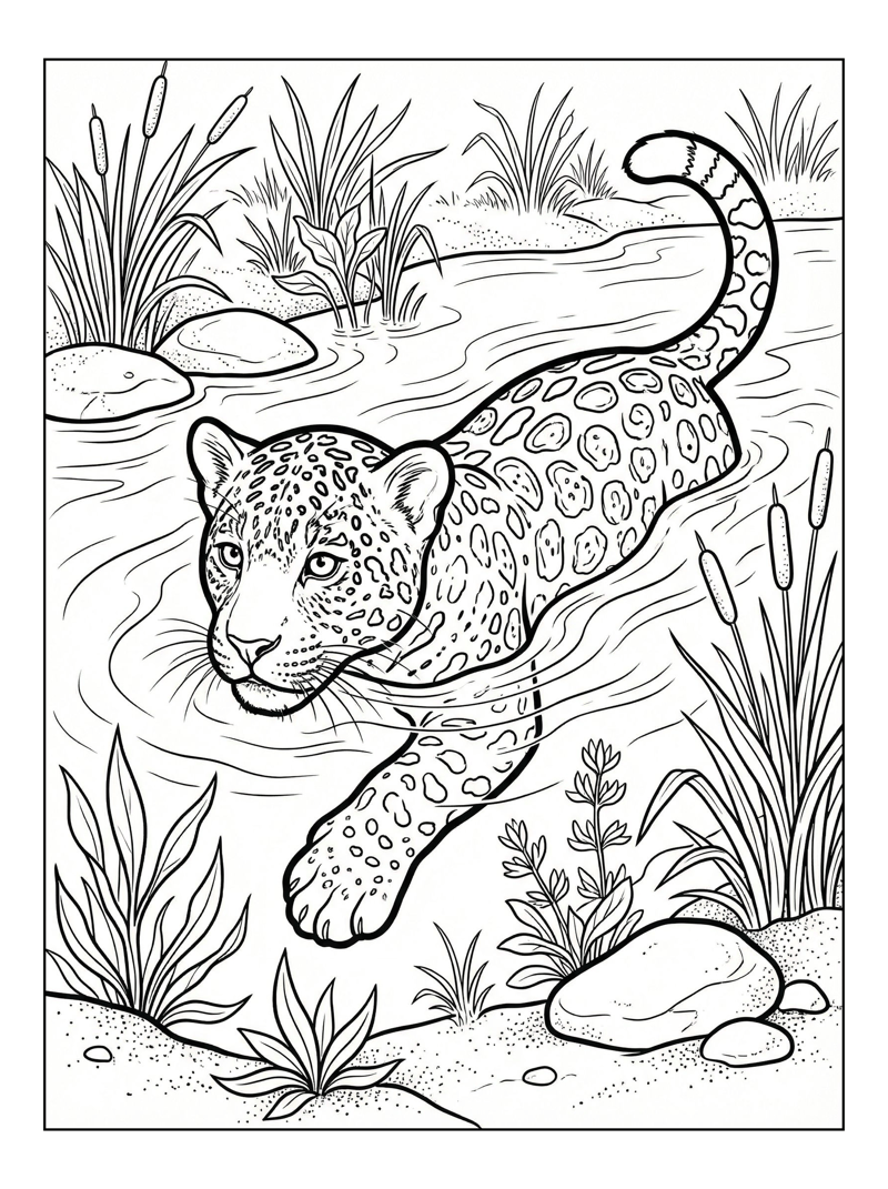 Jaguar Cub Swimming In Riverbank