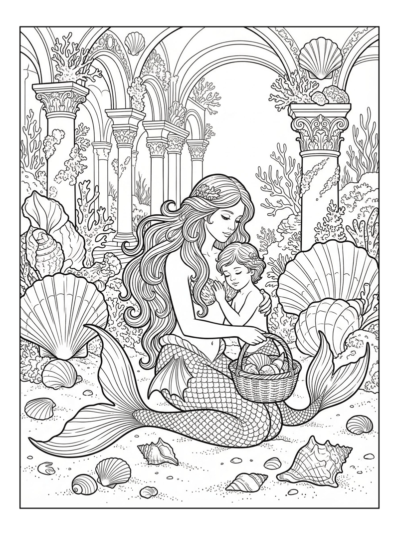 Mermaid Mother Child Collecting Shells Palace