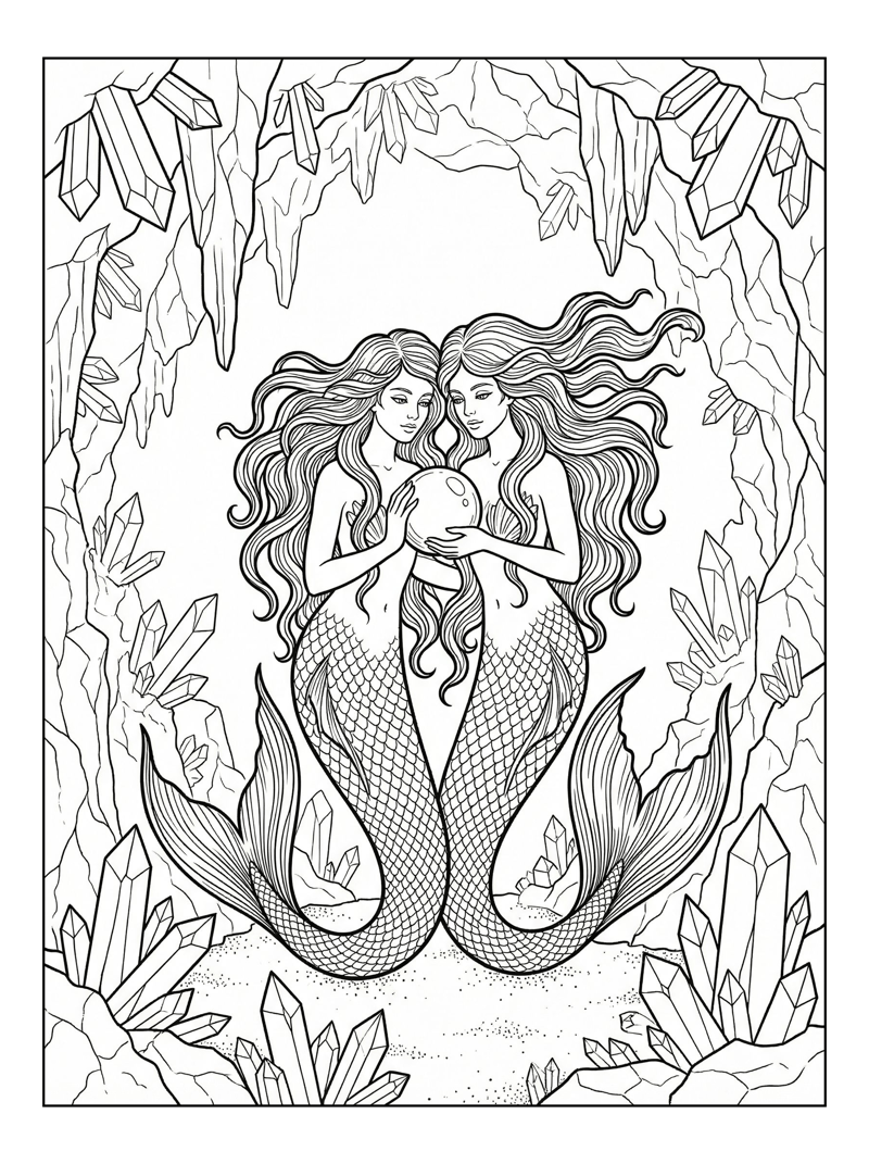 Twin Mermaids Holding Pearl Crystal Grotto