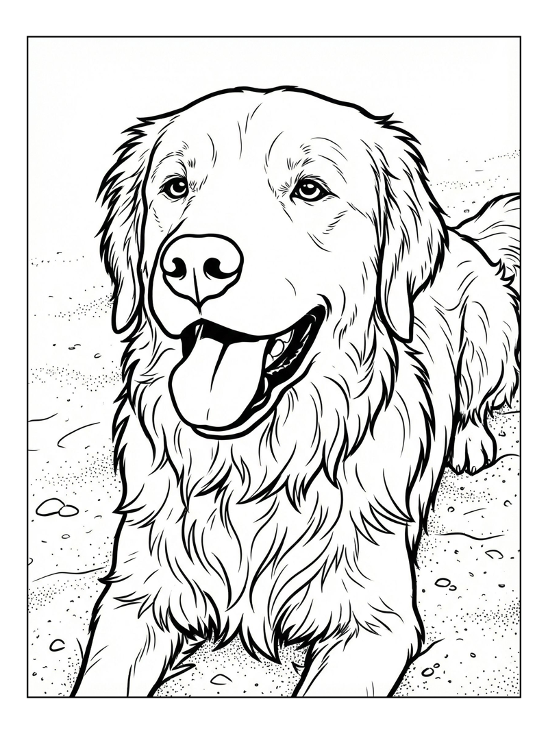 Golden Retriever Panting On Sandy Beach