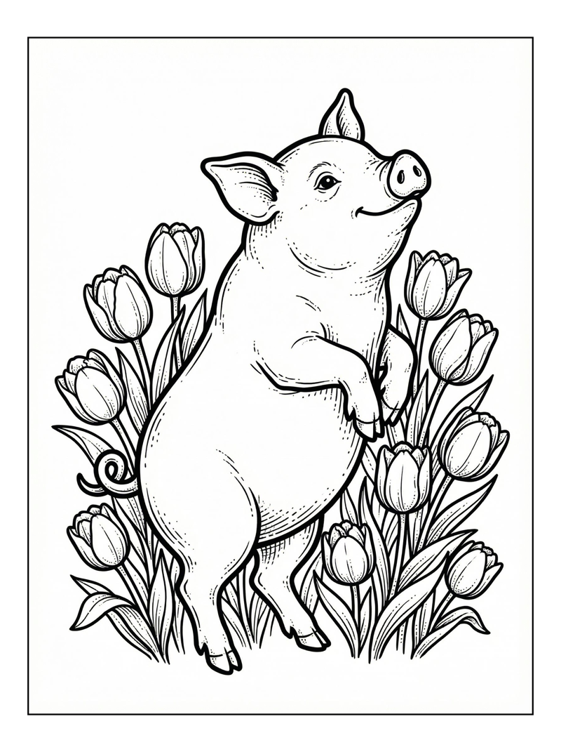 Potbelly Pig Dancing Among Tulips