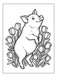 Potbelly Pig Dancing Among Tulips