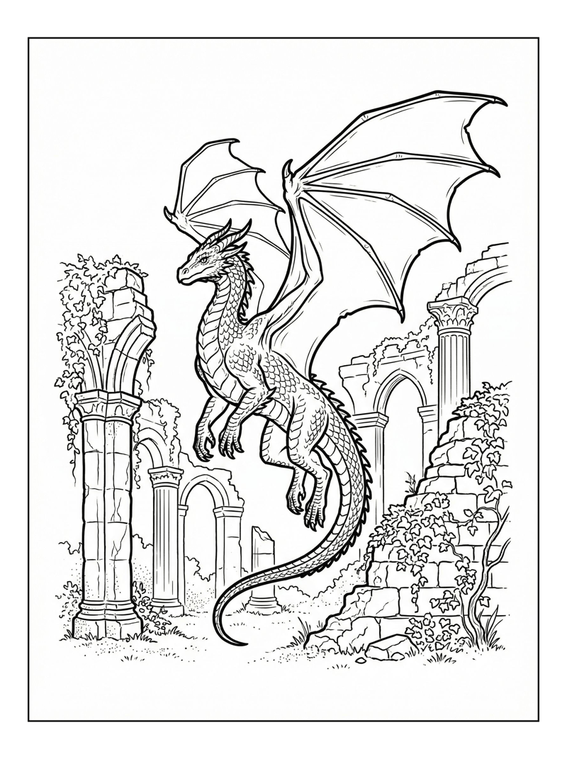 Noble Fire Dragon Soaring Ancient Ruins