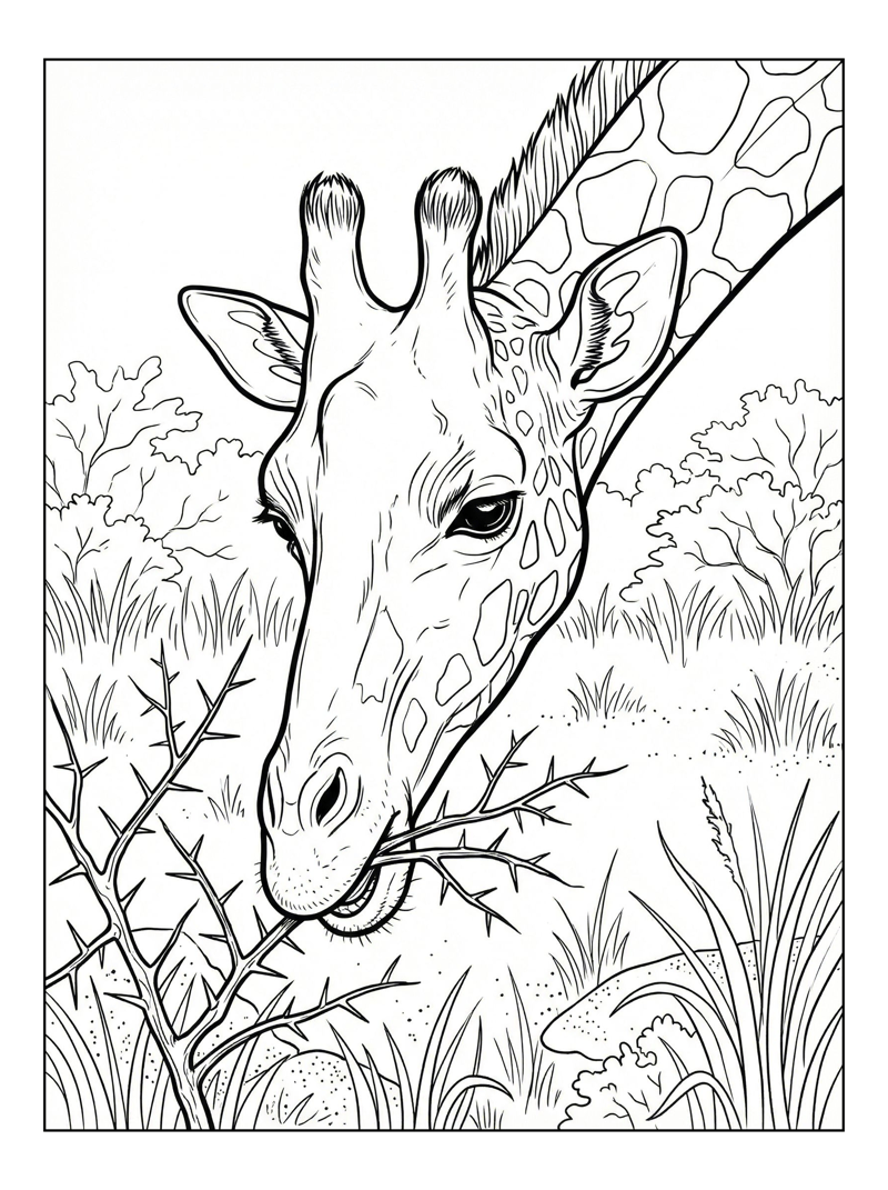 Giraffe Eating Thorny Bush In Grass