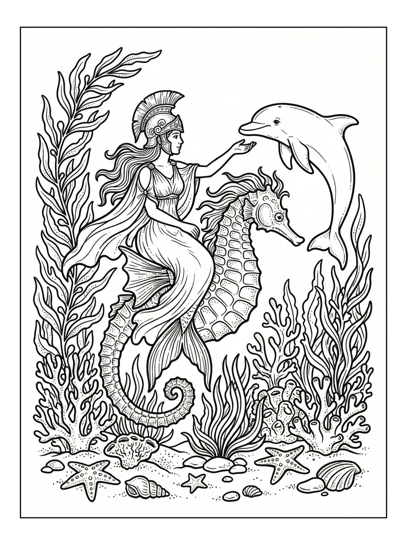 Mermaid Rides Seahorse With Dolphin