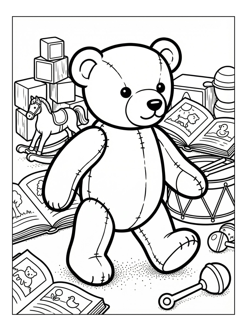 Teddy Bear Walking Among Nursery Toys