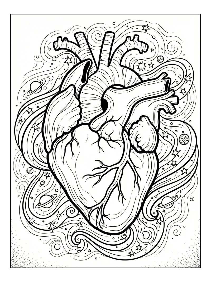 Human Heart Floating In Starry Sky