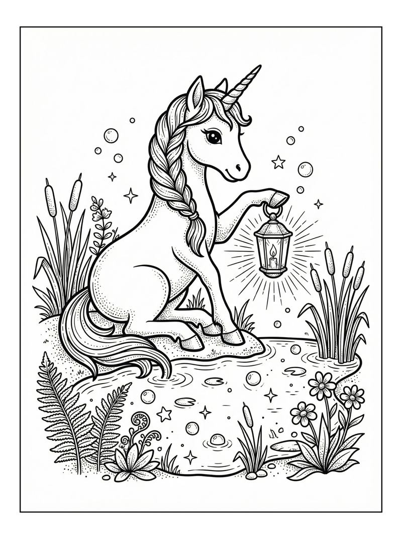 Unicorn Holding Lantern By Pond