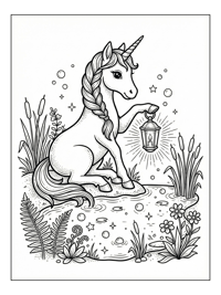 Unicorn Sitting By Pond Holding Lantern