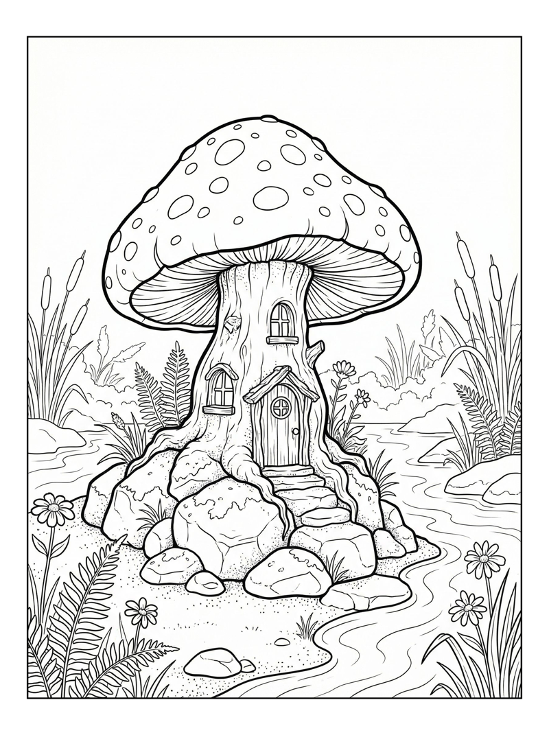 Mushroom House Sprouting From Rocks Riverbank
