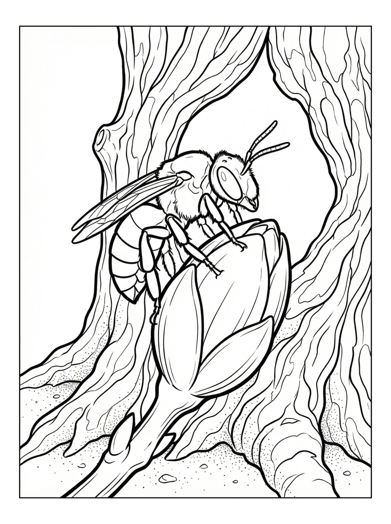 Sweat Bee Landing On Bud Tree Trunk