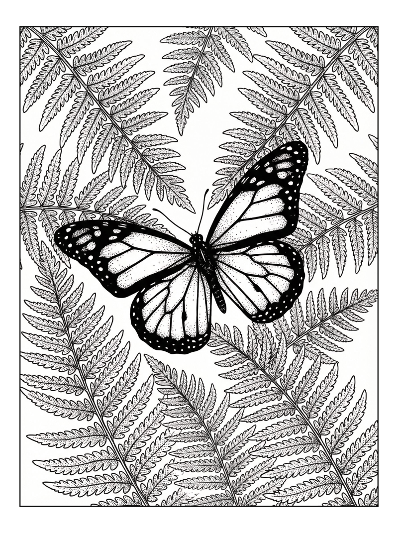 Monarch Butterfly Among Fern Leaves