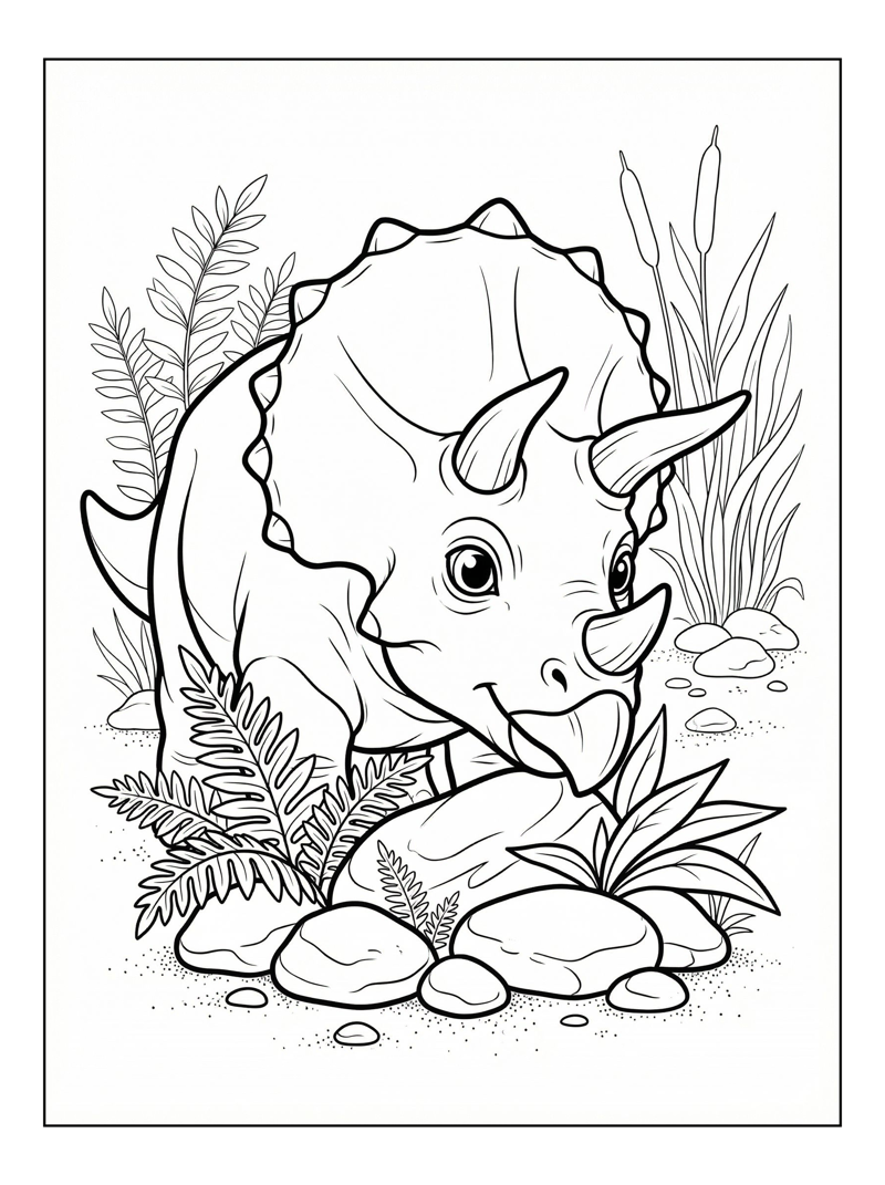 Hatchling Triceratops Nuzzling Riverbank Scene