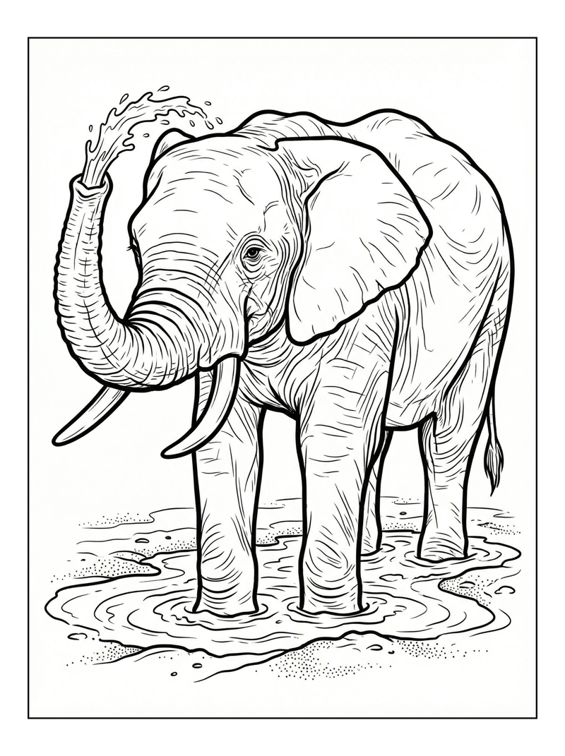 Elephant Spraying Water In Mud Pit