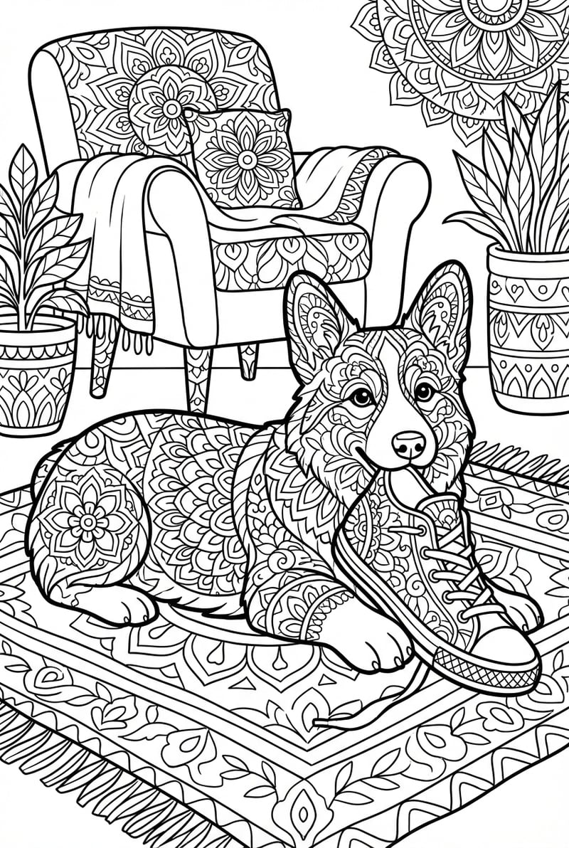 Corgi Chewing Shoe With Armchair And Plants