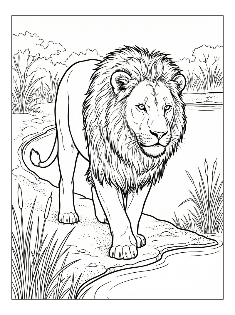 African Lion Prowling At Watering Hole
