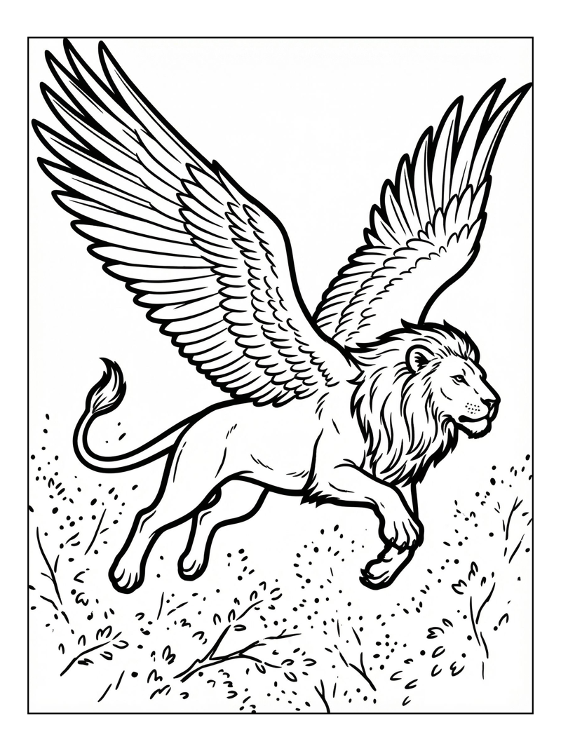 Winged Lion Leaping In Forest Clearing