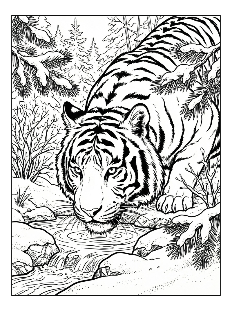 White Tiger Drinking In Snowy Forest