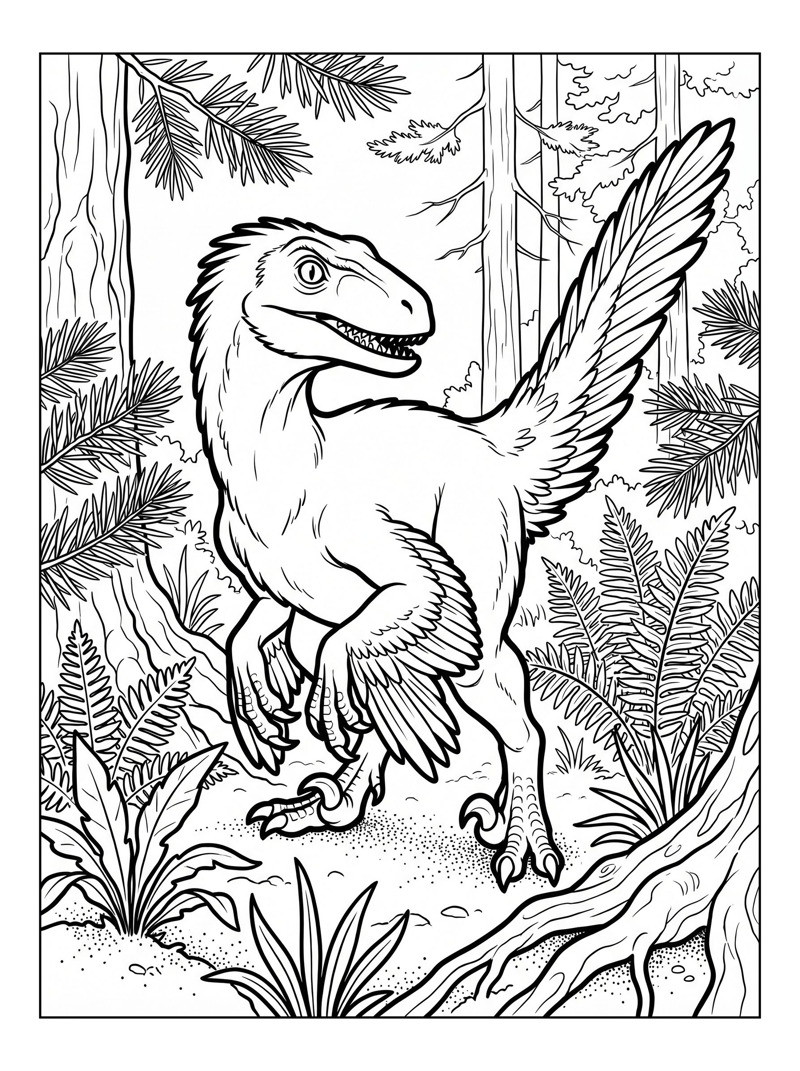 Feathered Velociraptor Squatting Coniferous Forest