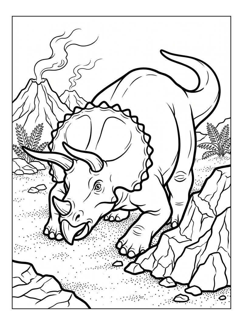 Triceratops Nuzzling Volcanic Landscape